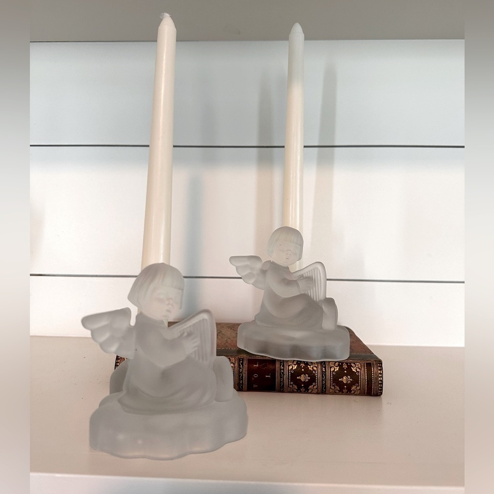 MJ Hummel Goebel 1995 Frosted Glass Cherub Angel Candle Holder set of 2 Vintage